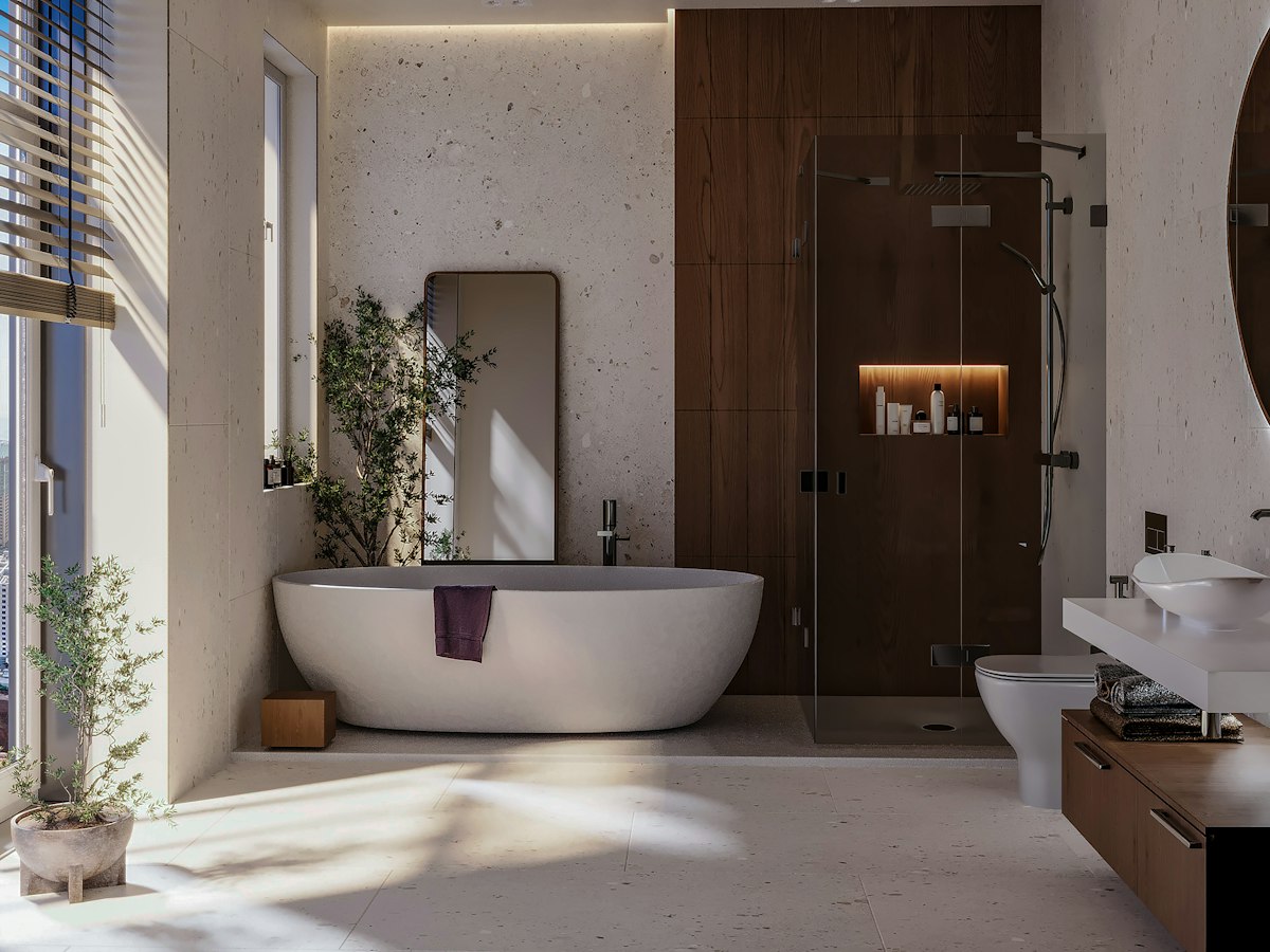 After: freestanding tub beside a walk-in shower