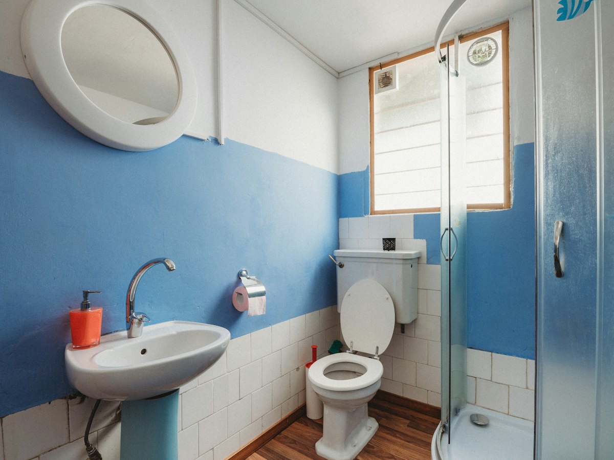 Before: dated blue-painted bathroom with a corner shower