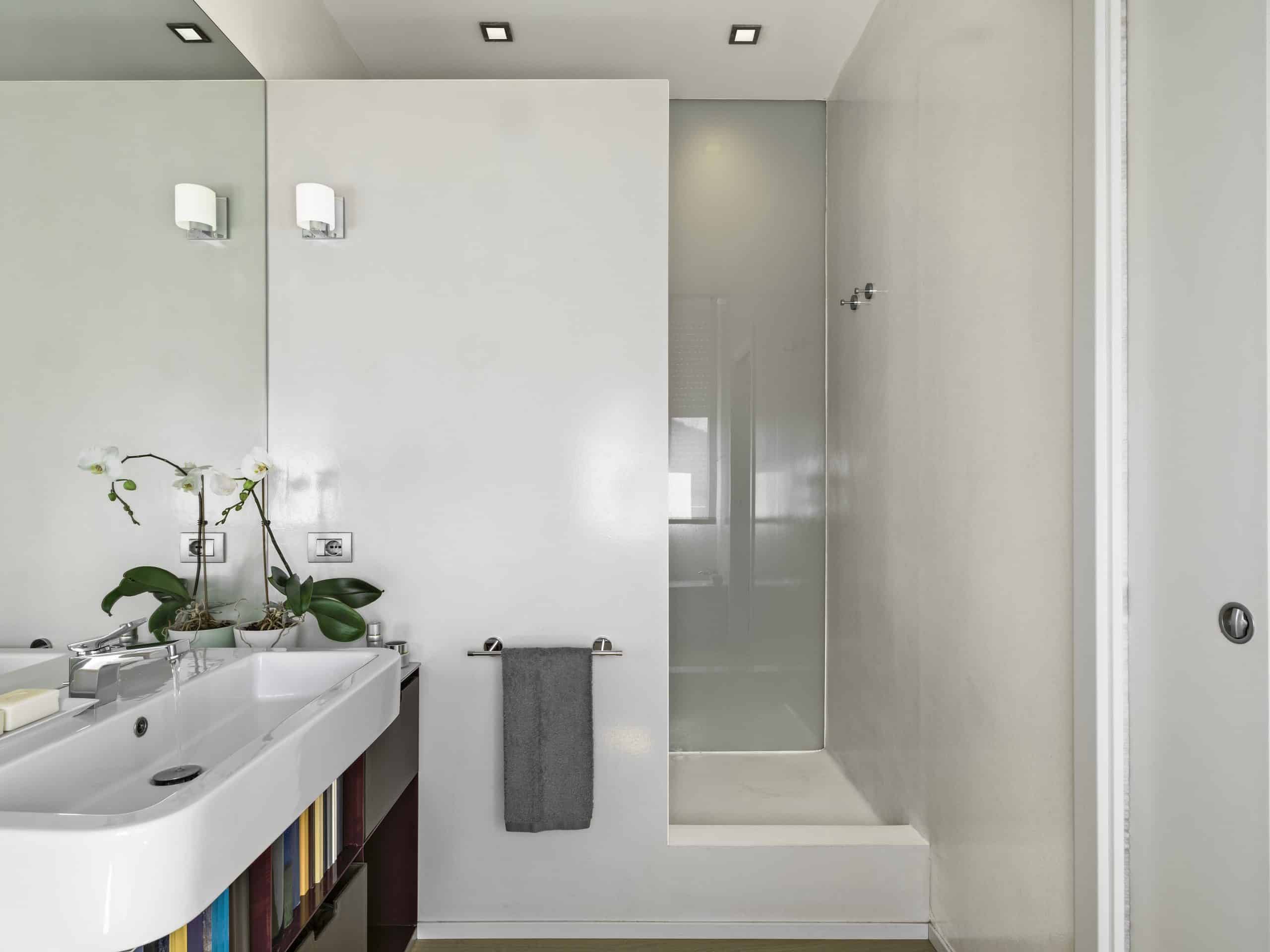 Modern bathroom interior with a tiled shower area